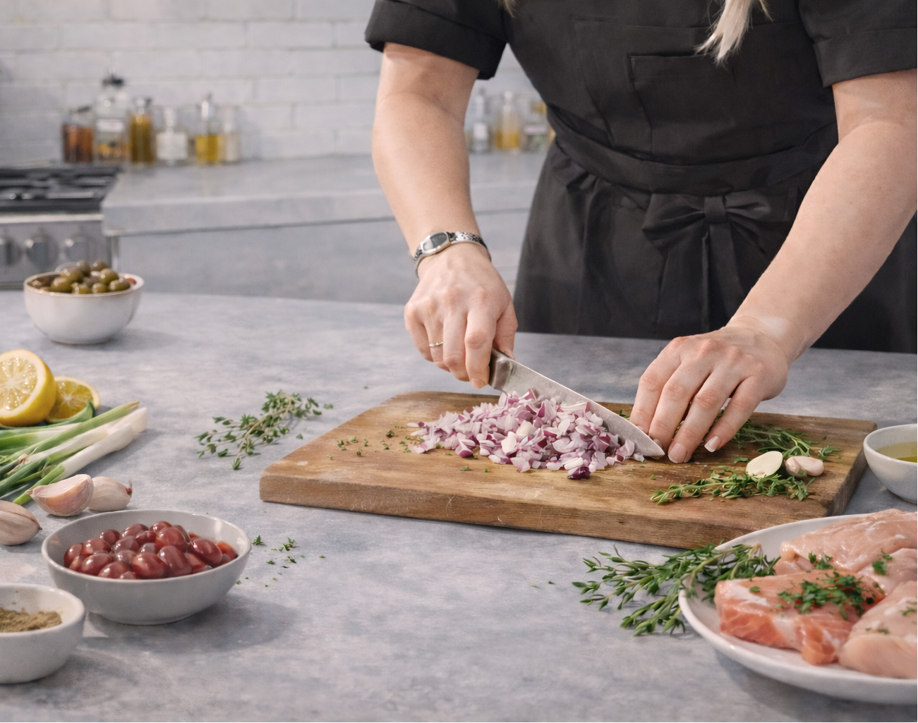 Person chopping onions on a wooden cutting board in a kitchen.